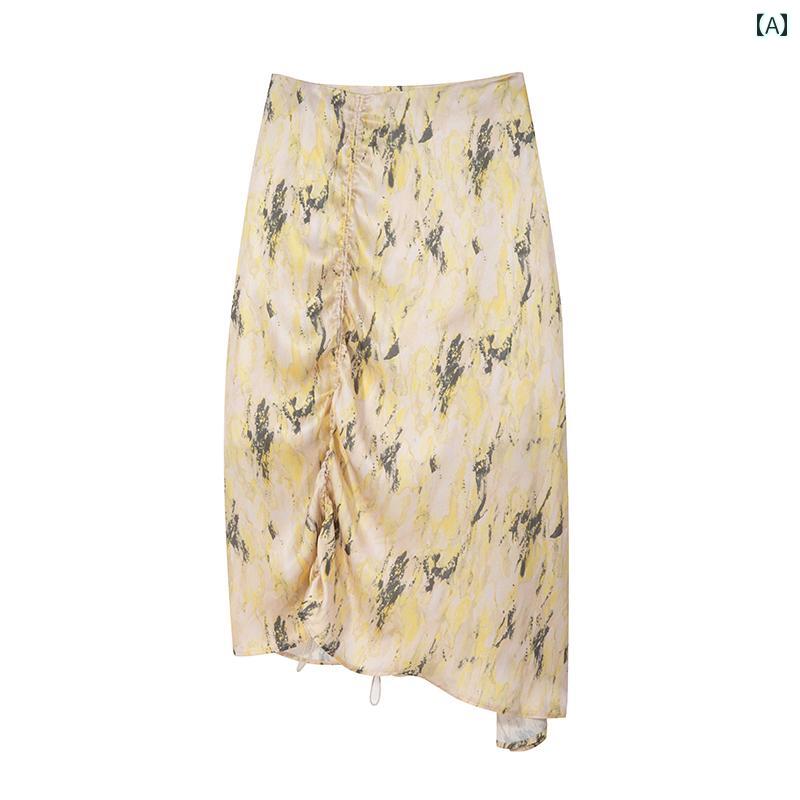 シャツ レディース おしゃれ トップス 大きいサイズ 光沢 サテン 抽象柄 プリント ドローストリング ワンピース