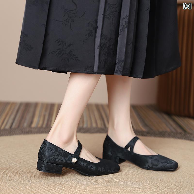 ローヒール パンプス レディース 中国風 PU チャンキーヒール スクエアトゥ ストラップ キラキラ 装飾 パール ビーズ マダム シニア 母の日 プレゼント カジュアル エレガント 黒 アイボリー 花柄 frontop-12679438 フロントップ楽天市場店 サンプル画像2