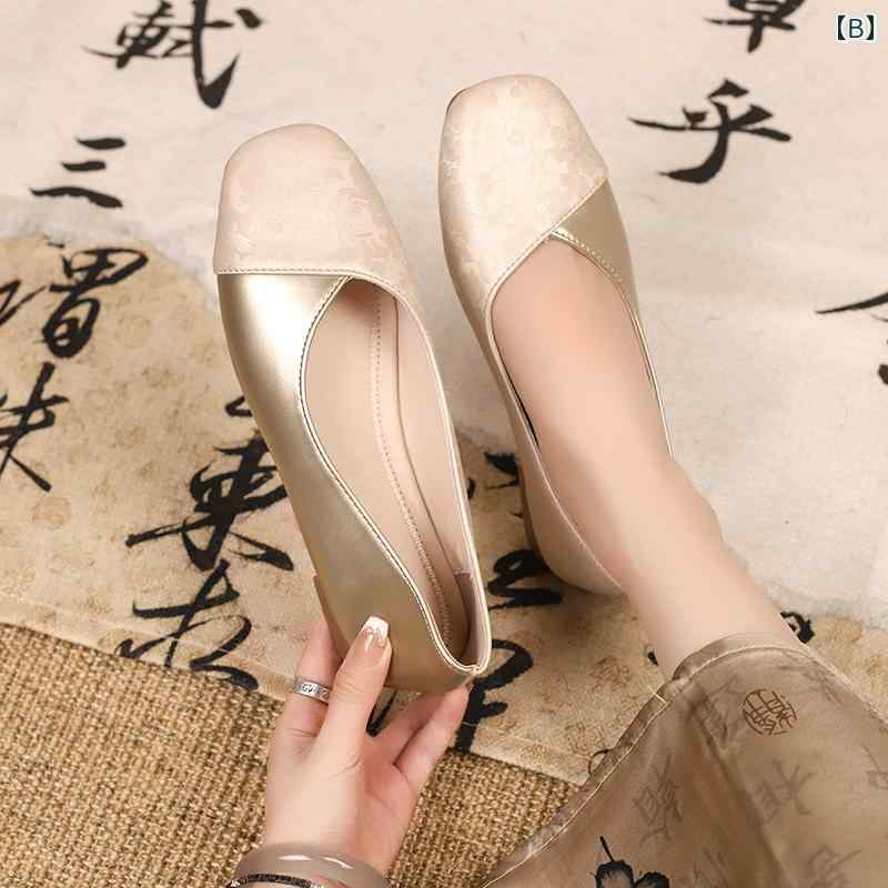 ローヒール パンプス レディース 夏 中国風 レトロ ジャガード 光沢 スクエアトゥ フラットシューズ 防滑 チャイナドレス 漢服 シニア マダム 母の日 プレゼント エレガント おしゃれ 緑 シャンパン 花柄 frontop-12679436 フロントップ楽天市場店 サンプル画像3
