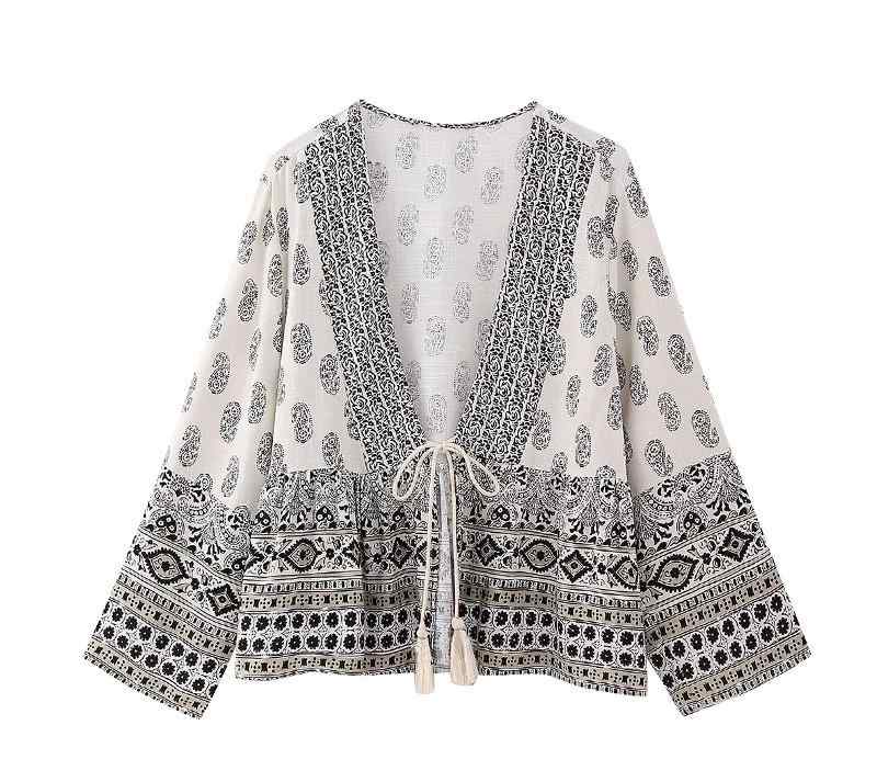 ペイズリー柄 トップス レディース ヨーロピアン レトロ プリント 夏 Vネック リボン ゆったり カジュアル おしゃれ カーディガン風 白..