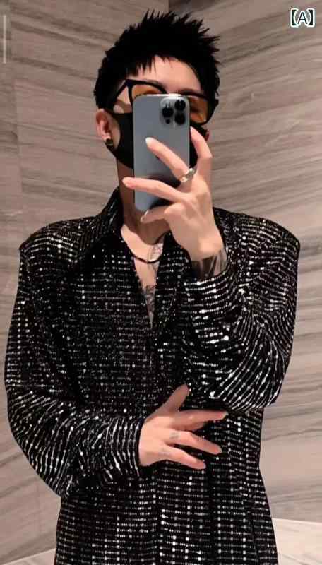 シャツ メンズ 大人 上品 エレガント 大きいサイズ ゆったり 襟 ボタン 長袖 秋 ナイトクラブ スパンコール キラキラ おしゃれ 黒