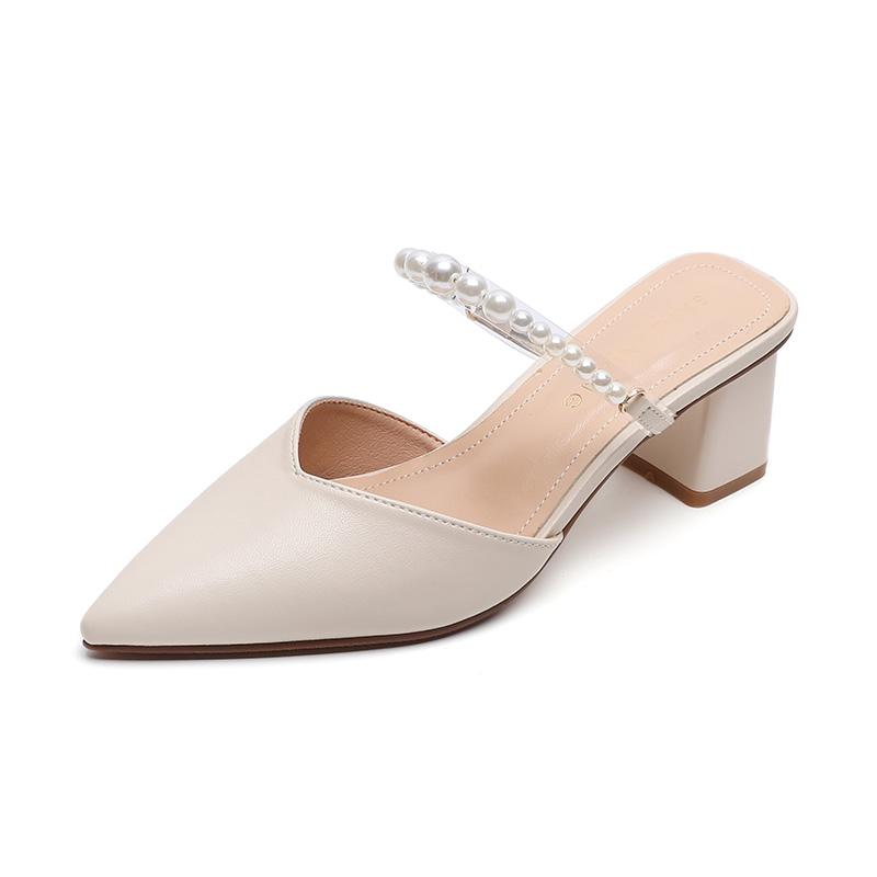 ポインテッドトゥ ミュール 大人 上品 エレガント レディース ストラップ パール スタッズ 夏 おしゃれ アイボリー アプリコット 黒