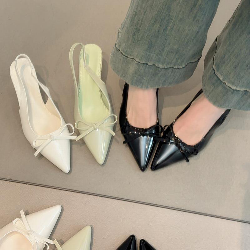 ポインテッドトゥ ミュール 大人 上品 エレガント レディース 細ヒール バックストラップ リボン PU 軽量 シンプル 無地 おしゃれ 緑 黒 白