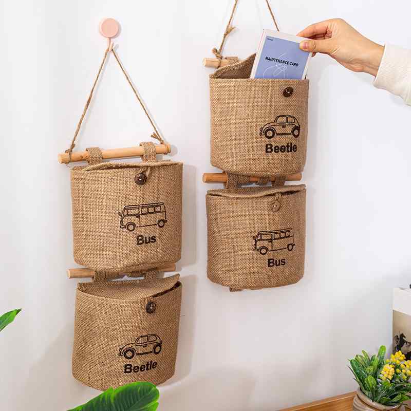 吊り下げ 収納 小物 分類 黄麻 布 壁掛け ドア裏 ポケット 連結可能 蓋付き トイレ 洗面所 リビング 子供部屋 内側防水 雑貨 文房具 化粧品 おしゃれ