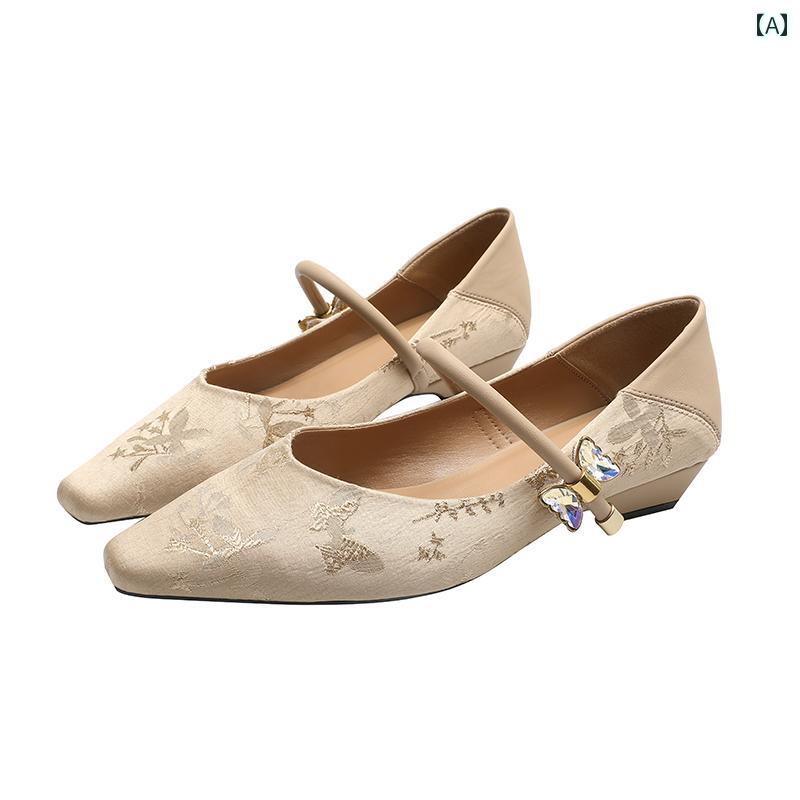 ローヒール パンプス レディース 中国風 レトロ スクエアトゥ フラットシューズ キラキラ 装飾 ストラップ マダム シニア 母の日 プレゼント エレガント 黒 カーキ アイボリー 花柄