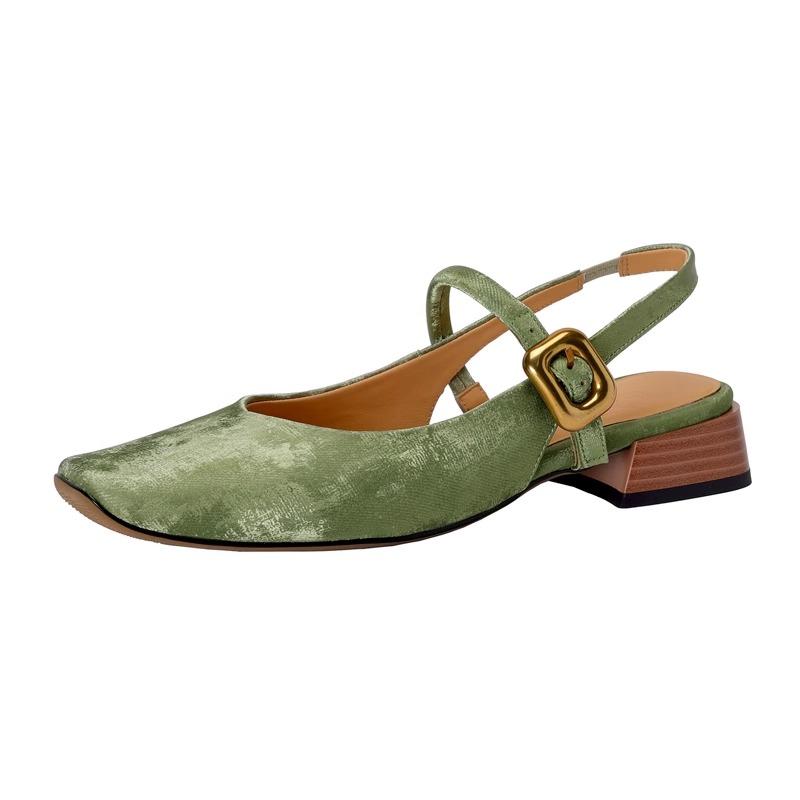 バックストラップ パンプス レディース 夏 中国風 レトロ ローヒール スクエアトゥ チャンキーヒール サンダル 防滑 通気性 シニア マダム 母の日 プレゼント カジュアル エレガント 緑 アプリコット