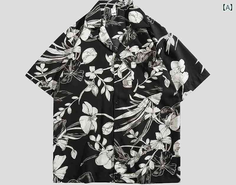シャツ メンズ 大きいサイズ ゆったり 襟 ボタン 半袖 夏 薄手 ビーチ リゾート 旅行 プリント カジュアル おしゃれ 花柄 葉模様 黒