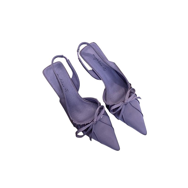ポインテッドトゥ ミュール 大人 上品 エレガント レディース 春夏 韓国 リボン 普段使い 外出用 おしゃれ 紫 黒 ベージュ ヒョウ柄