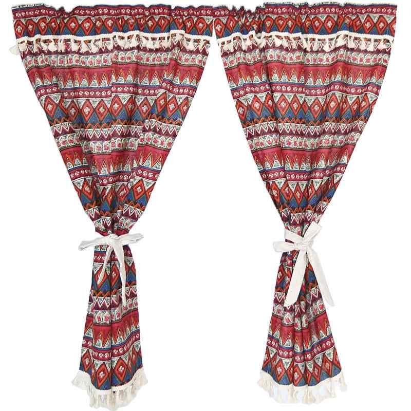 カフェカーテン おしゃれ インテリア 遮光 防塵 目隠し 間仕切り キャビネット 本棚 ドア 寝室 浴室 出窓 装飾 タッセル プリント 柄 民族 ボヘミアン 綿 麻 キッチン 赤