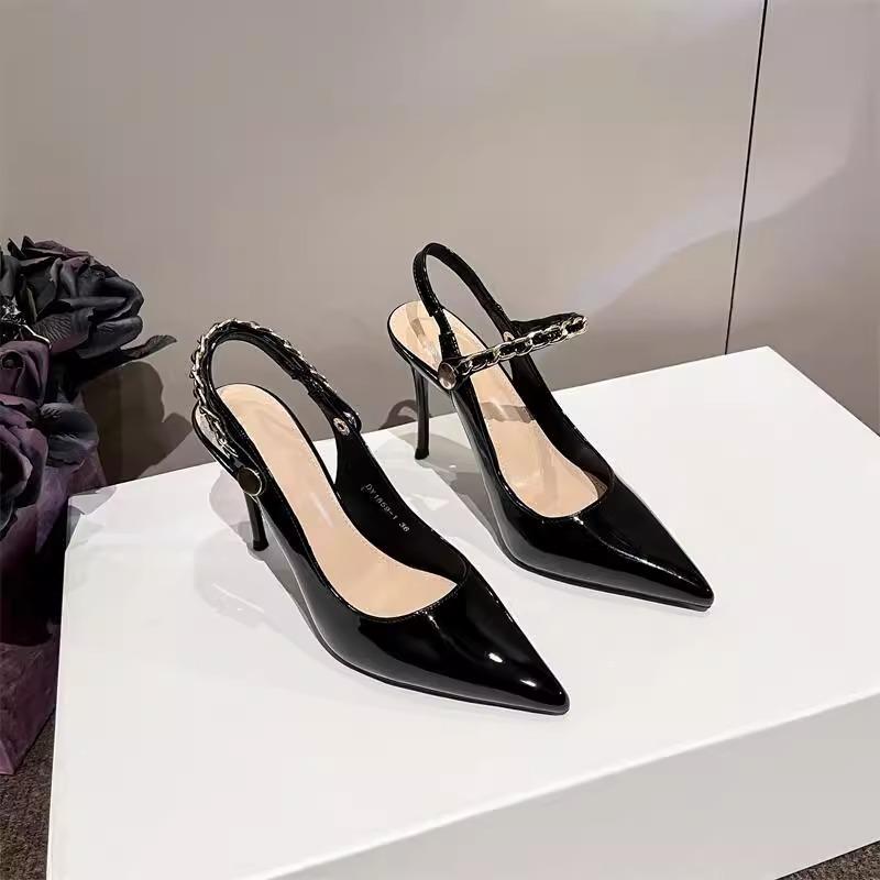 ポインテッドトゥ ミュール 大人 上品 エレガント レディース ストラップ チェーン ハイヒール 滑り止め 普段使い シンプル おしゃれ 黒