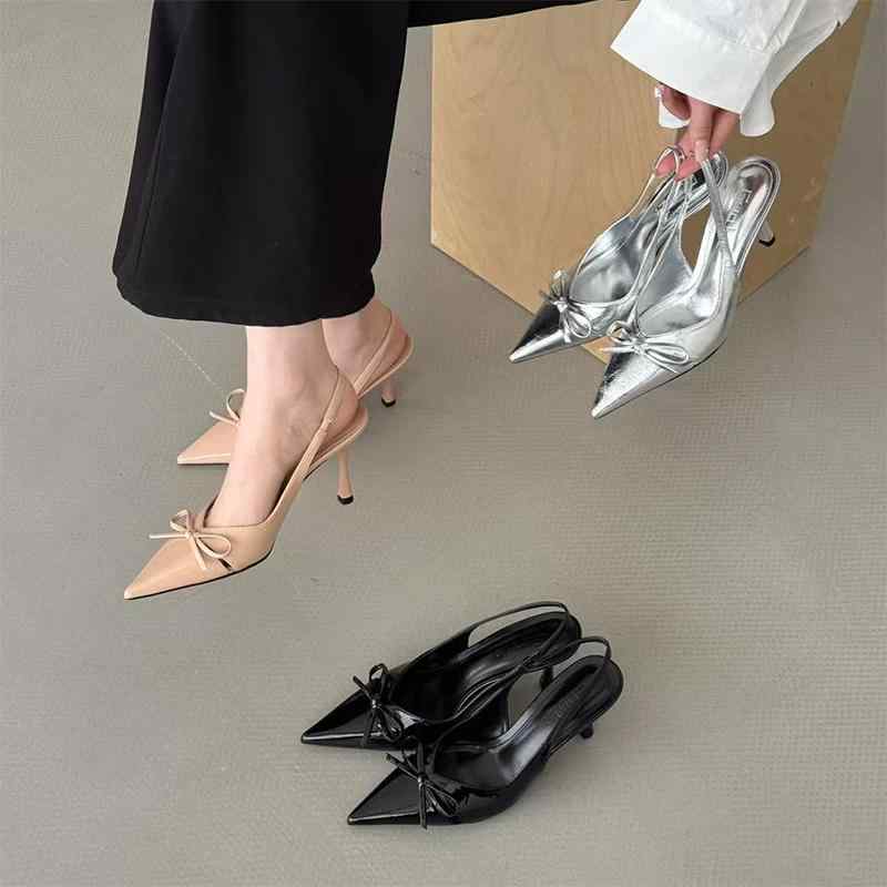ポインテッドトゥ ミュール 大人 上品 エレガント レディース 細ヒール ストラップ リボン 春夏 オフィス 普段使い シンプル おしゃれ ヌードピンク シルバー 黒