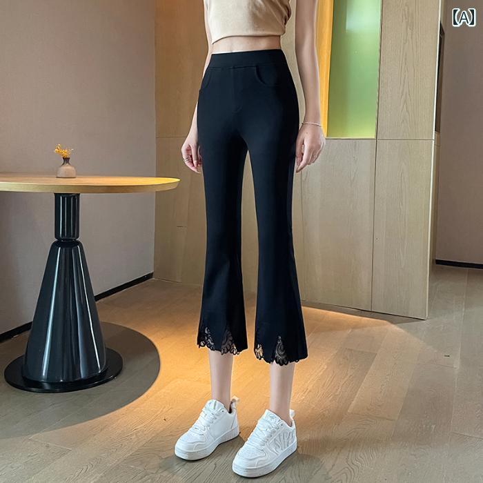 パンツ レディース おしゃれ 夏 薄手 微フレア ハイウエスト ショート丈 ブラック 涼感 レース カジュアル