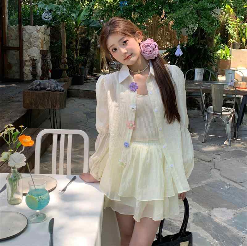 セットアップ レディース おしゃれ 白 日焼け防止 シャツ キャミソール スカート 膨らみ スカート 夏 リゾート スタイル 三点セット