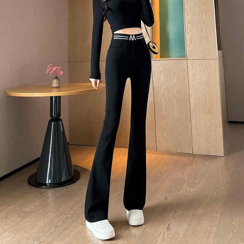 Other - パンツ レディース おしゃれ ストレート 黒 ハイウエスト 文字 春秋 伸縮性 カジュアル