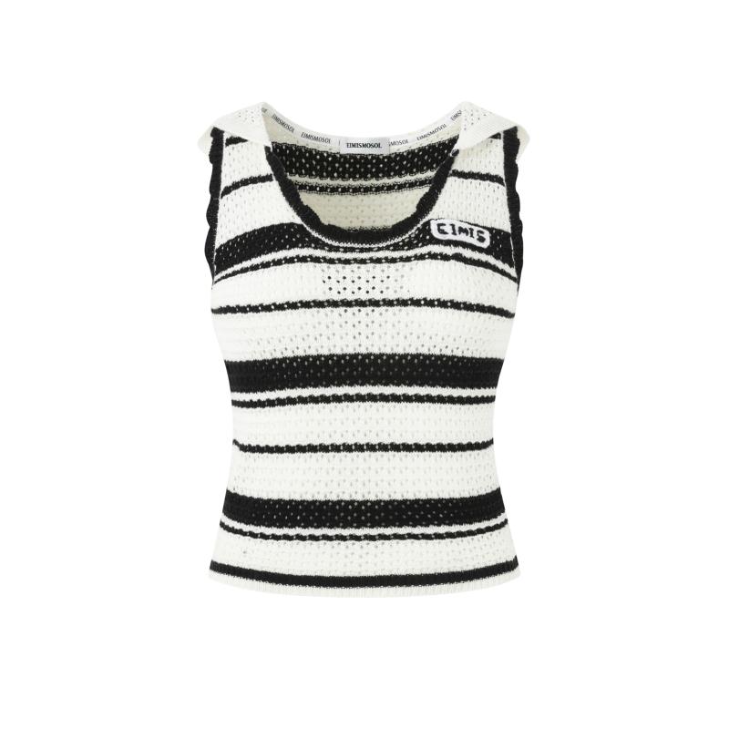 ノースリーブ レディース 夏 ストライプ ニット トップス 黒白