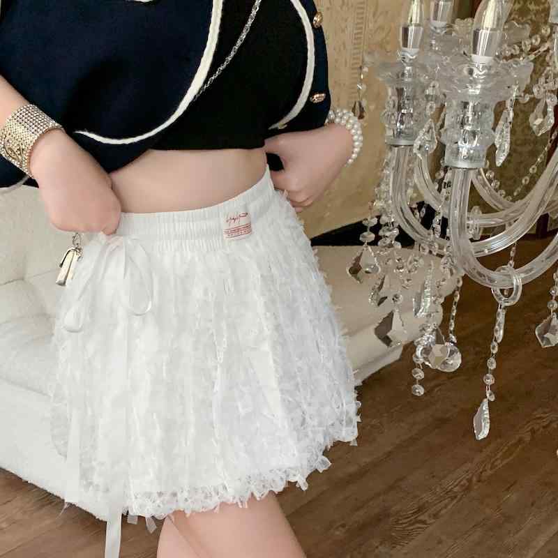 乐天商城 - スカート 白 チュール ミニ ウエストゴム 小柄 夏 ふんわり レース かわいい クラシック シック 夏コーデ 清涼感 ルームウェア プリンセス バレエ風