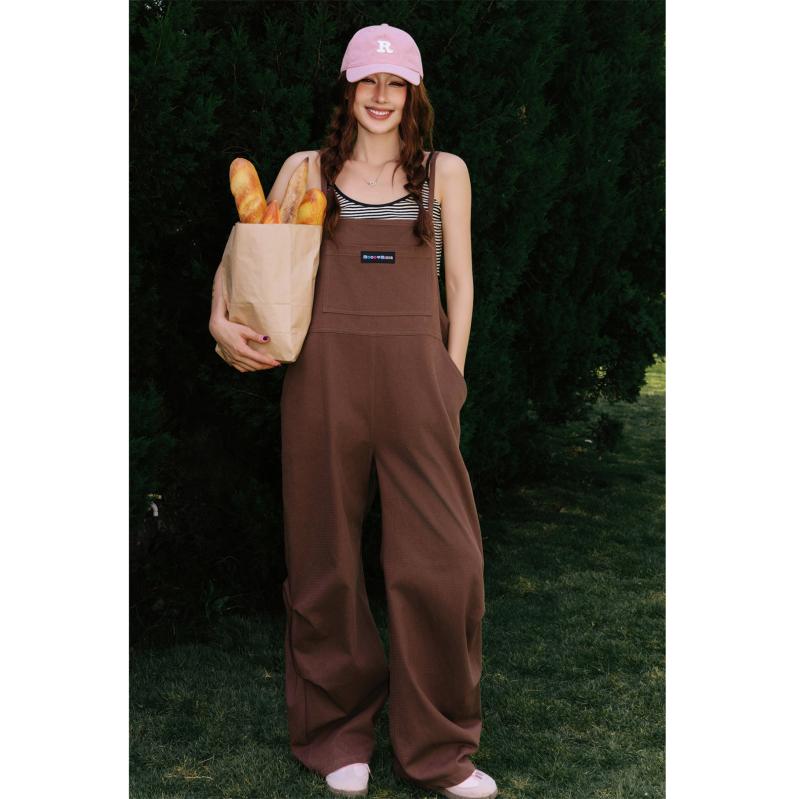 オーバーオール カジュアル 夏 ブラック ホワイト Uネック ストライプ タンクトップ ブラウン ワイド