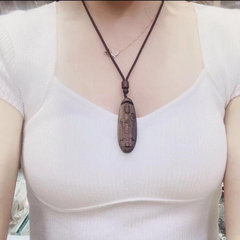 仏陀 ペンダント お守り ビーズ ストラップ 菩薩 チャイナ風 観音 木 沈香 両面 彫刻 幸運 祝福 平和 ..