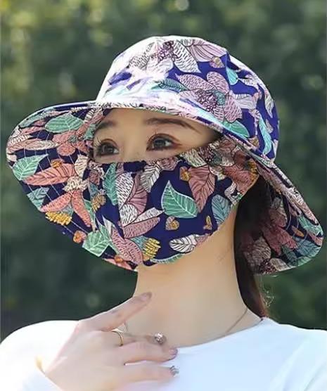 農作業 帽子 レディース 夏 日焼け対策 マスク付き ポリエステル つば広 花柄 チェック ゼブラ おしゃれ アウトドア お出かけ 黒 赤 青
