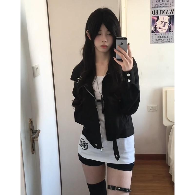 ジャケット レディース カジュアル アメリカン ヴィンテージ風 春 ショート丈 おしゃれ ジップアップ 長袖 小柄 普段使い デート 黒