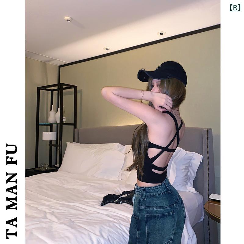 キャミソール セクシー クロス バック タンクトップ 胸パッド付き ブラック ケミソール レディース トップス