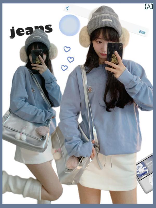 ヴィンテージ風ブルー カジュアル ストリート ゆったり スウェット 秋冬 シンプル 学院風