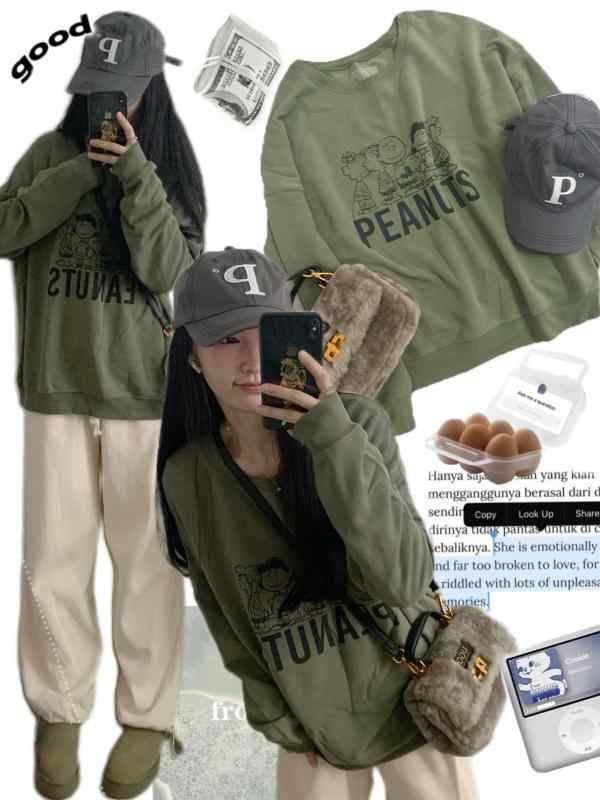 カジュアル スウェット トレーナー グリーン レディース 学院風 カートゥーン柄 プリント ゆったり 秋冬 シンプル かわいい