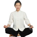 坐禅 服 レディース 中国風 リネン セットアップ スタンドカラー チャイナボタン 七分袖 ウエストゴム 通気性 瞑想 居士 唐装 仏教 寺院 礼拝 修行 大き...