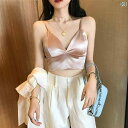 キャミソール セクシー サテン Vネック ショート丈 ビスチェ 夏 フェミニン 黒 フィット感 感 トップス