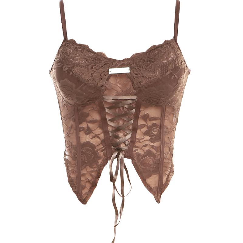 コルセット風 レース 不規則 スリム キャミソール 上品 女性用 トップスレディース ウエストリボン