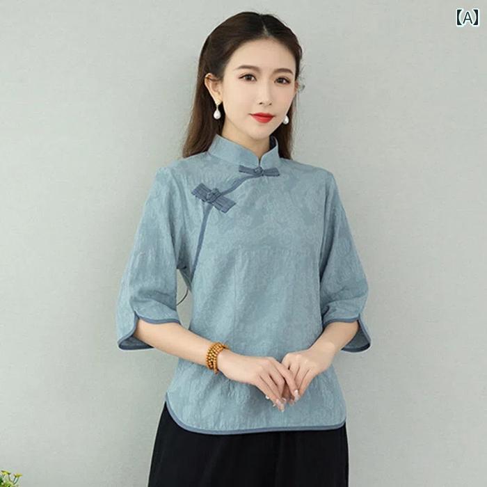 フロントップ楽天市場店のチャイナ風 トップス レディース コットン リネン 仏教 座禅 修行 服 夏 エスニック調 スタンドカラー 大きいサイズ おしゃれ 青 ピンク 白｜アングル2