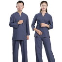 チャイナ風 服 仏教 座禅 瞑想 修行 男女兼用 コットン リネン セットアップ 大きいサイズ シンプル 無地 スタンドカラー Vネック 白 カーキ ネイビー