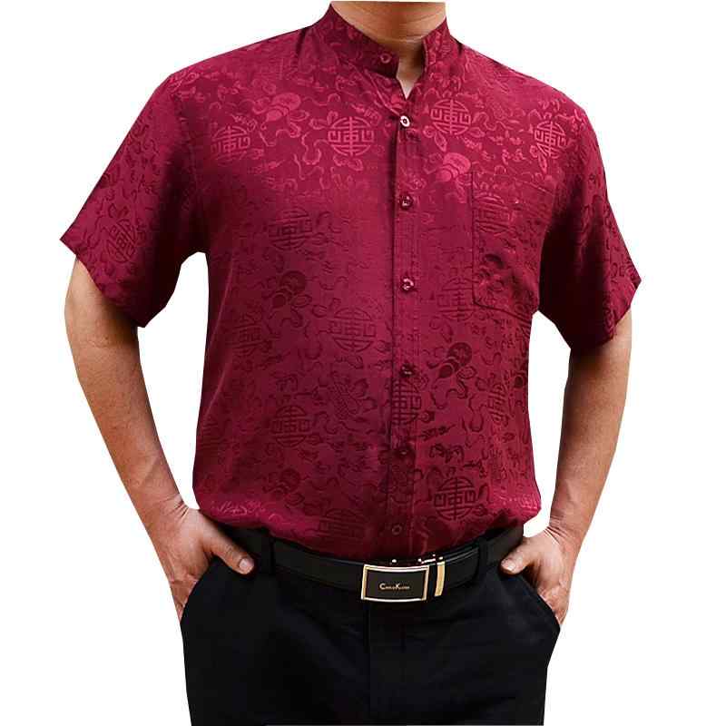 シャツ メンズ 前開き 50代 60代 男性 夏 半袖 レッド スタンドカラー ジャカード ワイドフィット カジュアル