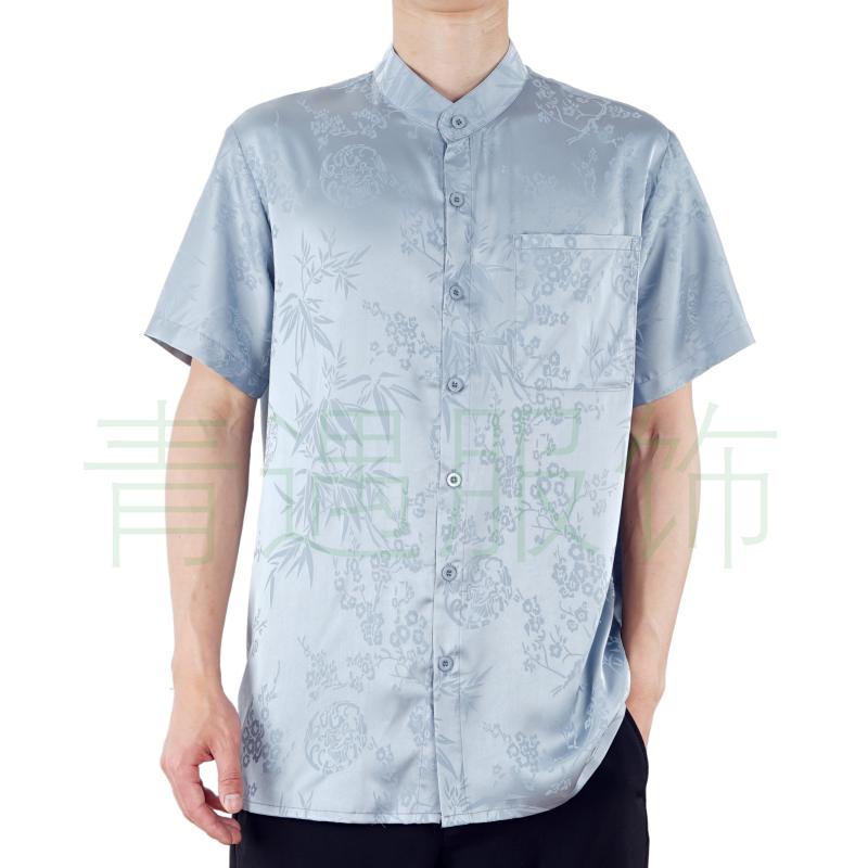 シャツ メンズ 前開き 50代 60代男性 夏 半袖 中華風 涼感 薄手 フォーマル フラワー 襟 青