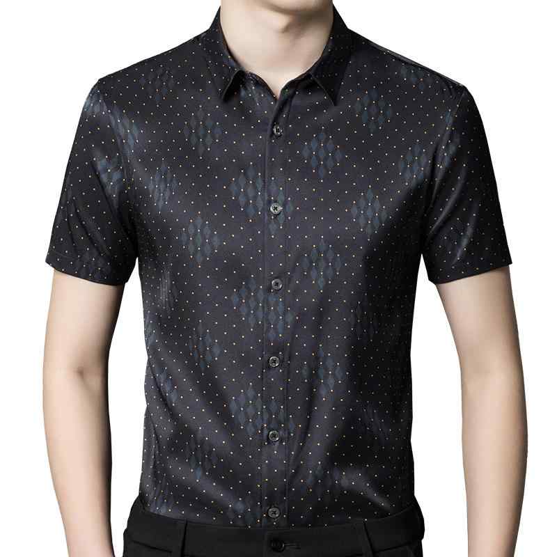 シャツ メンズ 前開き ブラック 半袖 ドット 柄 夏 50代 60代 男性 ビジネス 弾力 サテン 上品