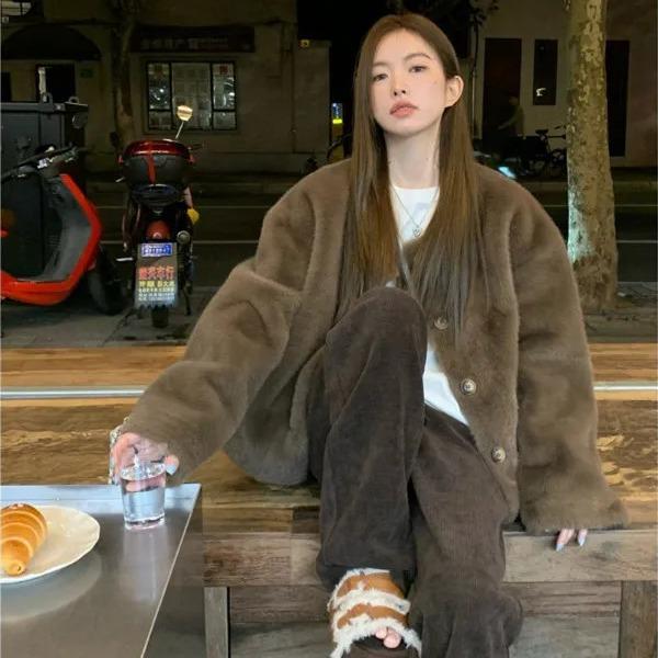 乐天商城 - レトロ 無地 フェイクファー ジャケット レディース 冬 厚手 保温 コート