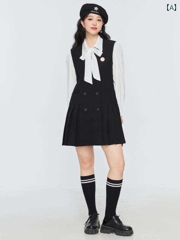 樂天商城 - 大きいサイズ レディース 学院風 Vネック プリーツ ノースリーブ 秋 無地 ブラック フレアシルエット
