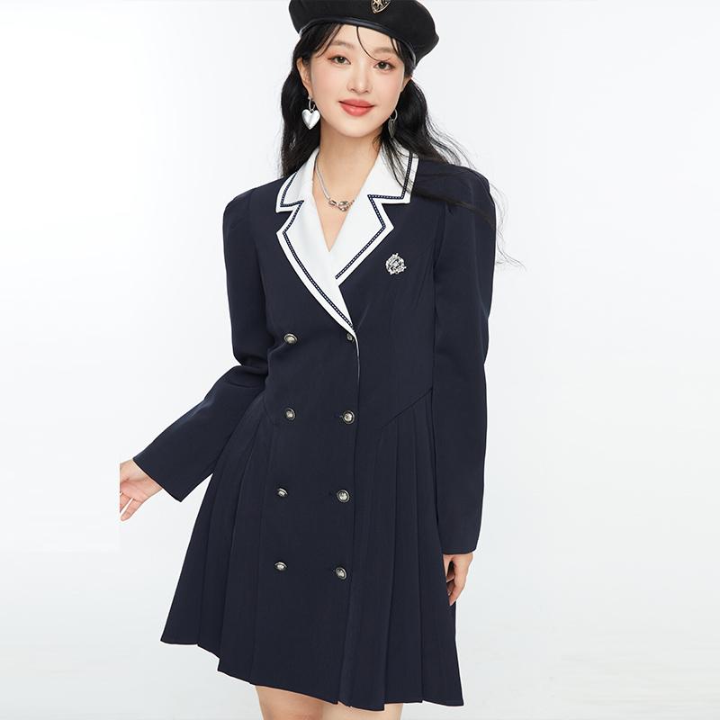 大きいサイズ レディース 学院風 バイカラー 襟 プリーツ 長袖 秋 通勤