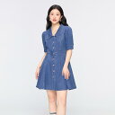 大きいサイズ レディース デニム 小Vネック 半袖 Aライン ミニ丈 ショート丈 ボタン 春夏 カジュアル 体型カバー(4)