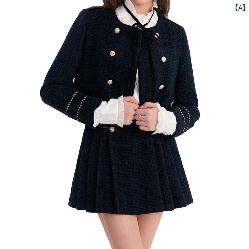 大きいサイズ レディース ジャケット スカート セットアップ ウール ラウンドネック 長袖 秋冬 レッド プリーツ