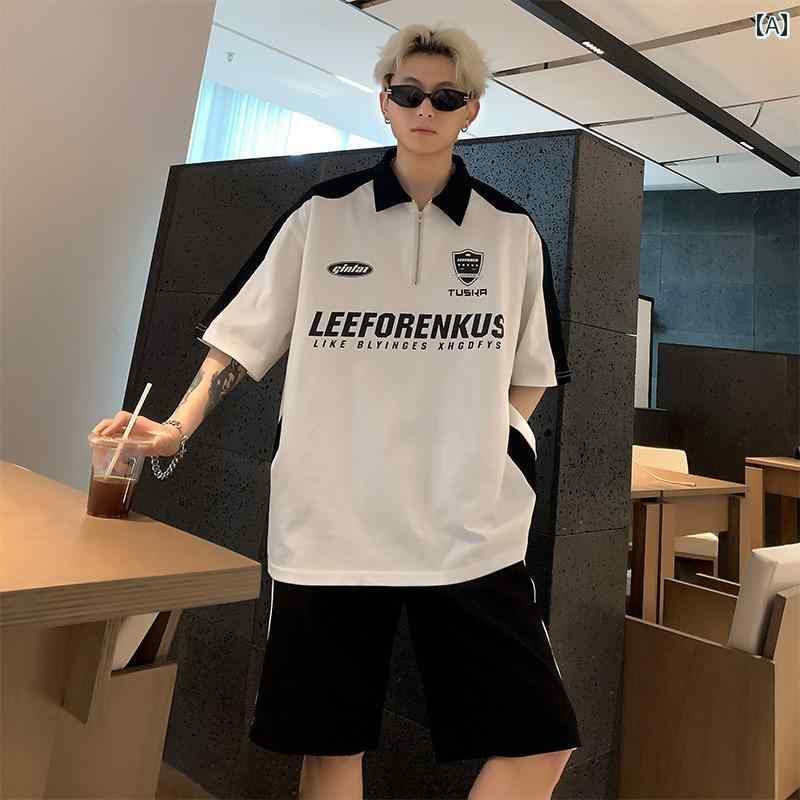 セットアップ メンズ おしゃれ オーバーサイズ カジュアル モノクロ バイカラー プリント 半袖 Tシャツ ショートパンツ 夏 ストリート 2