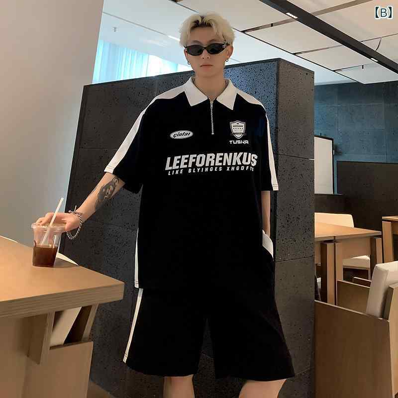 セットアップ メンズ おしゃれ オーバーサイズ カジュアル モノクロ バイカラー プリント 半袖 Tシャツ ショートパンツ 夏 ストリート 3
