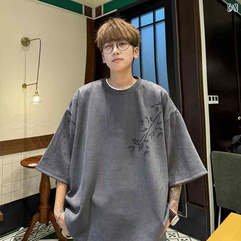 Tシャツ メンズ おしゃれ 中国風 スエード 竹子 プリント 半袖 夏 カジュアル シンプル