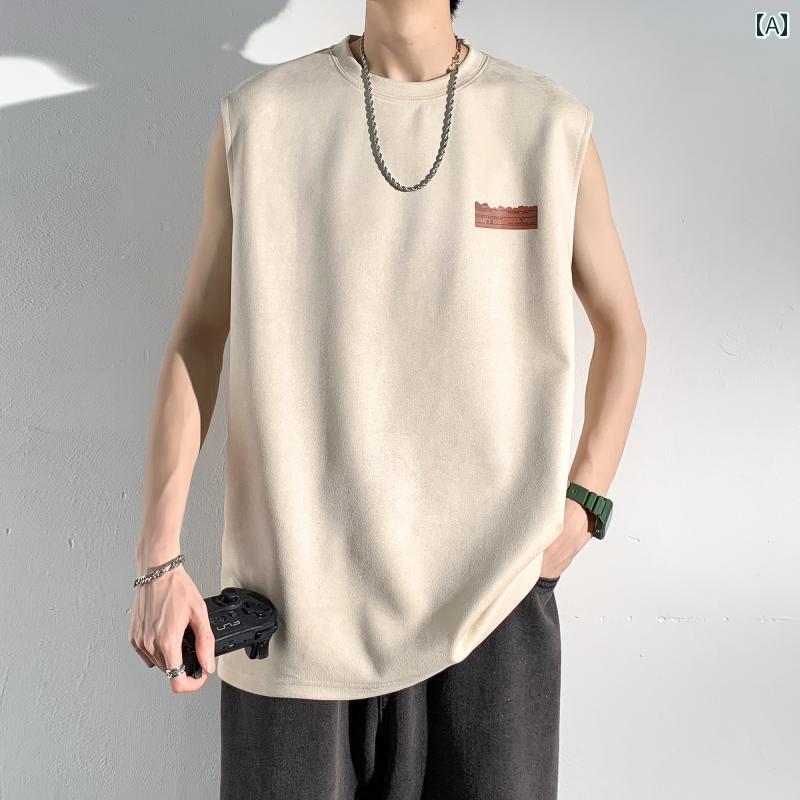Tシャツ メンズ おしゃれ レトロ スエード調 プリント ノースリーブ 夏 無地 カジュアル タンクトップ ルーズフィット ストリート