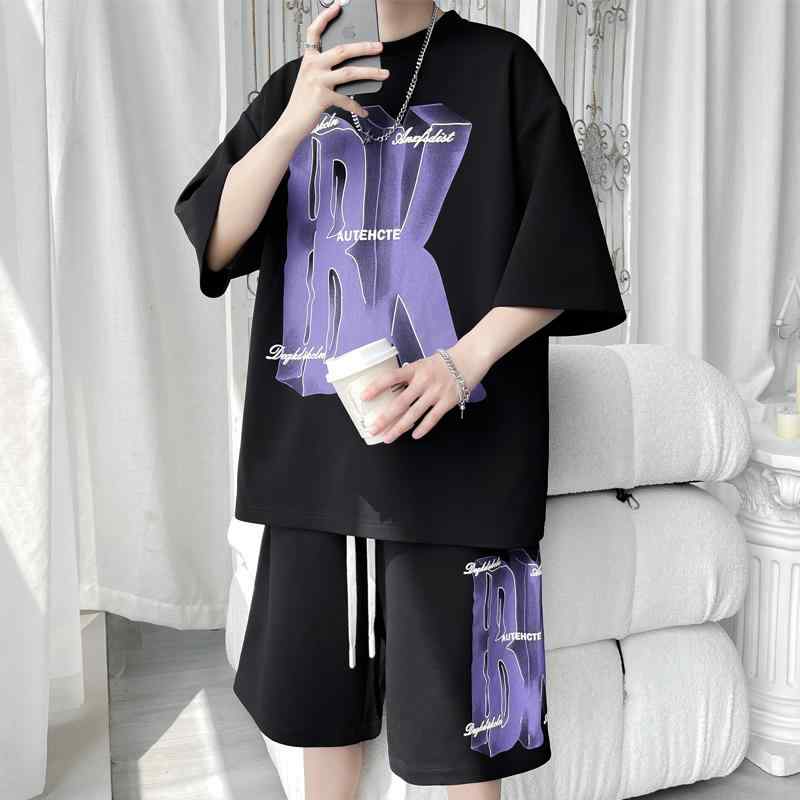 セットアップ メンズ おしゃれ オーバーサイズ ストリート スタイル 半袖 Tシャツ ショートパンツ 夏 ブラック 柄 カジュアル スポーティ
