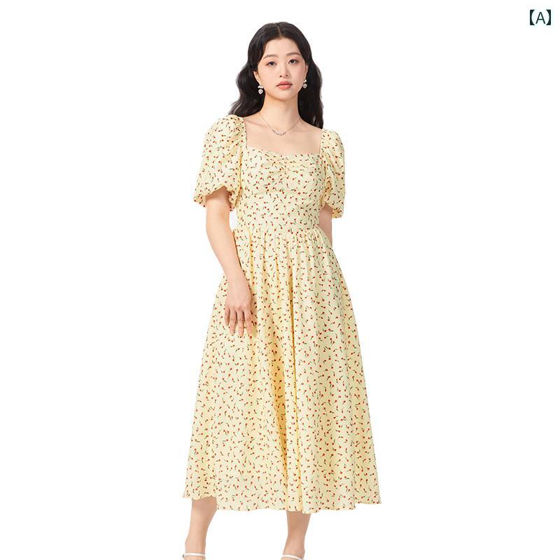 大きいサイズ レディース 女性 フレンチ ティードレス 桔梗柄 フラワー スクエアネック マキシ丈 春夏