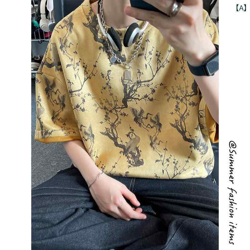 tシャツ メンズ おしゃれ 梅柄 鶴 総柄 半袖 Tシャツ メンズ 夏 ゆったり カジュアル 用