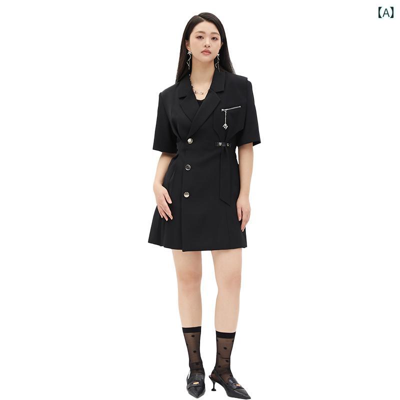 大きいサイズ レディース シンプル ブラック ジャケット風 ミディアム 夏 ハイウエスト スリム フィット ドレス