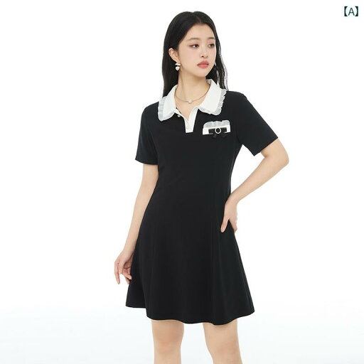 大きいサイズ レディース Poloカラー ブラック 半袖 英倫風 通勤 夏 シンプル 体型カバー 大きいサイズ レディース Poloカラー ブラック 半袖 英倫風 通勤 夏 シンプル 体型カバー
