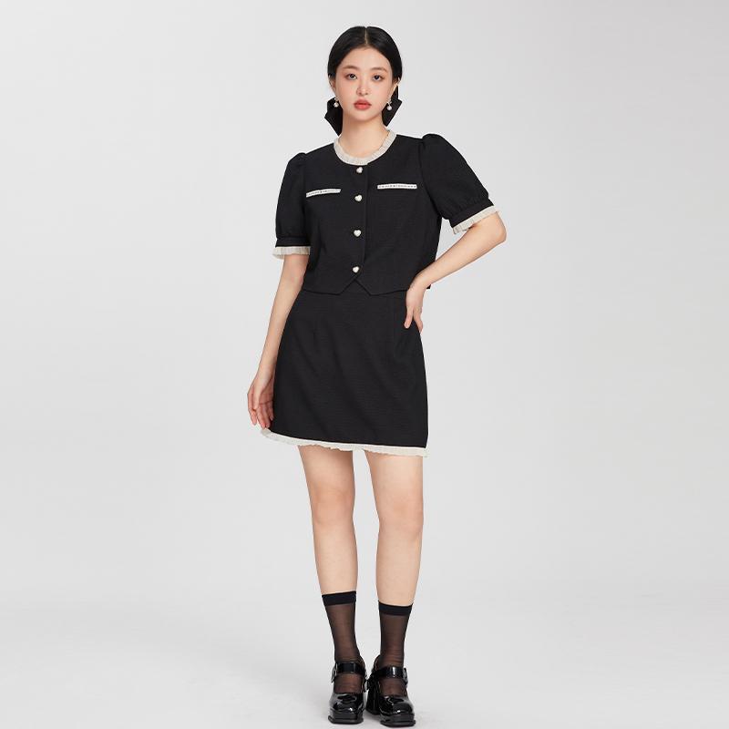 大きいサイズ レディース ブラック セットアップ 上品 ウエスト引き締め エレガント 夏 半袖 シャツ スカート